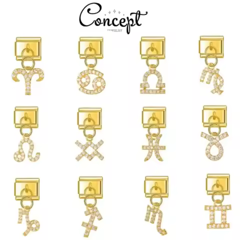 Original Zodiac Sign Italian Charm Links Fit 9mm Modular Bracelet Stainless Steel Zircon Constellati
