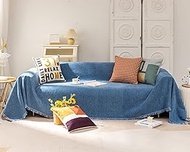 Mxaeyr Couch Covers for Sectional Sofa L Shape, Sofa Covers for 3 Cushion Couch,Blue Chenille Couch Cover Blanket Thick and Durable, Sectional Sofa Cover with Boho Fringe (XL 71"x134")