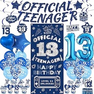 13th Birthday Decorations Banner Boys - 22 Pcs Blue Glitter Official Teenager Fabric Banner Backdrop