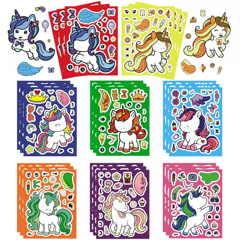 8Sheets Cartoon Rainbow Unicorn DIY Make A Face Stickers Puzzle Toys for Kids Birthday Baby Shower P