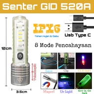 Senter Transparan Magnet Zoom in out Cas 8 Mode Warna 30W Waterproof Flashlight 520A 520 Series