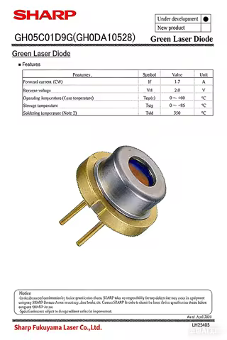 SHARP GH05C01D9G Green Laser Diode 1.3W - 1.5W 525nm | Φ9mm CAN Package, Multi-Mode CW | For High-Po