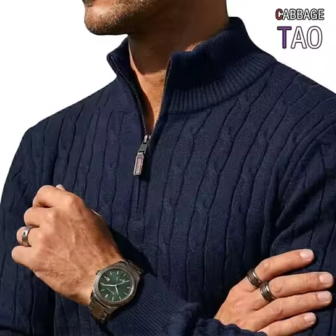 New Mens Cable Knit Quarter Zip Sweater Jacket Casual Long Sleeve Knitted Pullover Autumn Winter Coz