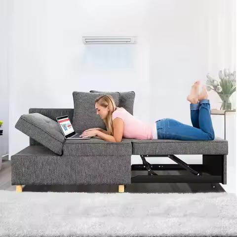 4-in-1 Convertible Sofa & Loveseat with 3 Seats, 2 Throw Pillows, Reclining Option, Grey Linen Fabri