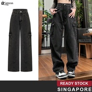 [SG SELLER] Casual Plain Washed Pocket Structure Line Jeans for Women