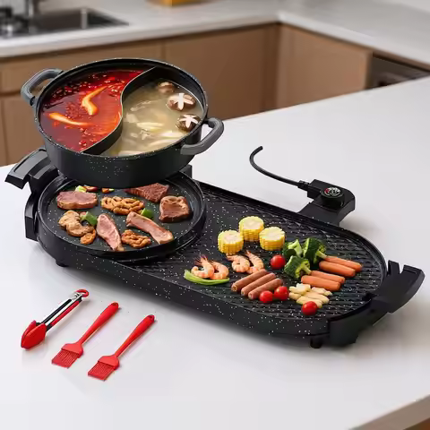 Electric Grill and Hot Pot Combo, 2200W Detachable Dual Zone BBQ Griddle, Removable Split Pan, Non-S