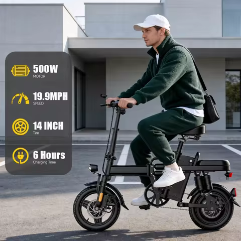 Folding Electric Bike 48V 500W Motor 15Ah Battery 43km/h Max Speed 60km Range 14-inch Foldable Elect