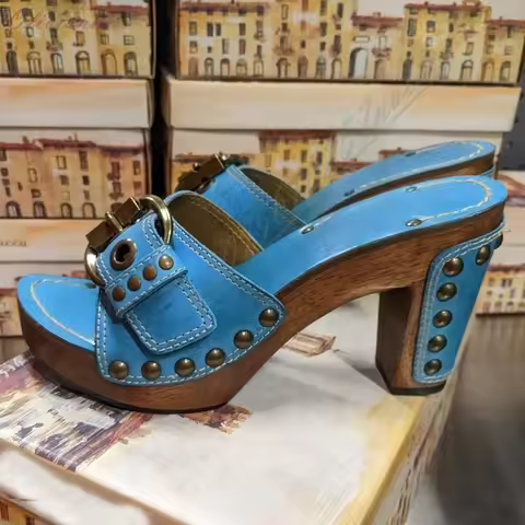 Sky Blue Retro Style Open Toe Slippers Side Metal Round Rivets Decor Chunky High Heel Open Toe Elega