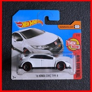 Hot Wheels Honda Civic Type R 2016 Short Card White JDM Civic Diecast Car 2016 Honda Model Kereta Ci