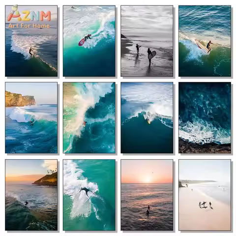 AZNM Unframed Canvas Print Surfing Ocean Wave Wall Art Beach Sport Coastal Home Decor Poster