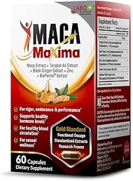 MacaMaxima Peruvian Maca Root, Tongkat Ali, Black Ginger, Zinc and Black Pepper Extract Supplement for Men and Women, Supports Reproductive Health, Energy, Stamina and Mood- Non-GMO, Vegan Pills