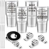 Yaomiao Coach Gift Set Best Coach Ever Tumbler with Lid Lanyard Whistle 30 oz Stainless Steel Travel Mug Coach Appreciation Gifts for Men Soccer Volleyball Basketball(Silver, 8 Pieces)