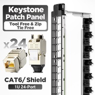 AMPCOM 1U 24-Port STP Keystone Patch Panel แบบยึดแร็คพร้อมแถบจัดระเบียบสายเคเบิลด้านหลัง โหลดเต็ม 24