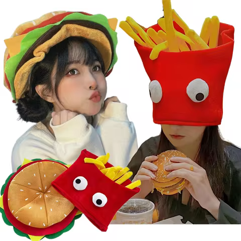 Funny Burger Fries Hats For Women Men Adult Cartoon Keep Warm Plush Toys Caps Creative Cute Party He