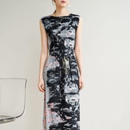 ♠♚♨ Aiden001 Average Size Summer Pleated Slim Side Slit Printed (With Belt) A-Line Dress 6946