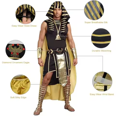 Mens Egyptian Pharaoh Costume Set 7 Pcs King of Egypt King Tut Cosplay Sets Halloween Cosplay Outfit