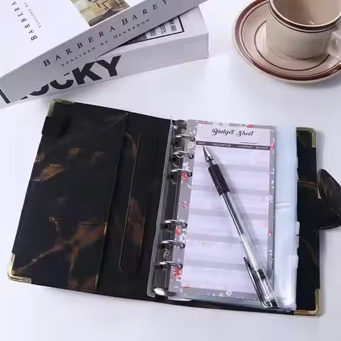 Zipper Envelope A6 Notebook for Budgeting PU Leather Marble Notebook Marble Budget Binder 6 Ring Bin