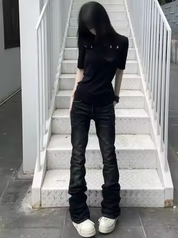 Cleanfit American Style High Street Vibe Distressed Slim Fit Bell Bottom Jeans Men Women Black Grey
