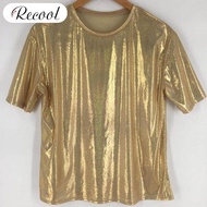 เสื้อยืดลำลองสตรี recool สีสะท้อนแสงพิมพ์เสื้อฮิปฮอปแขนสั้น