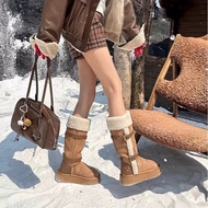 Women's fleece snow boots with high collar below the knee, thick anti-slip sole, 4cm high, belt buck