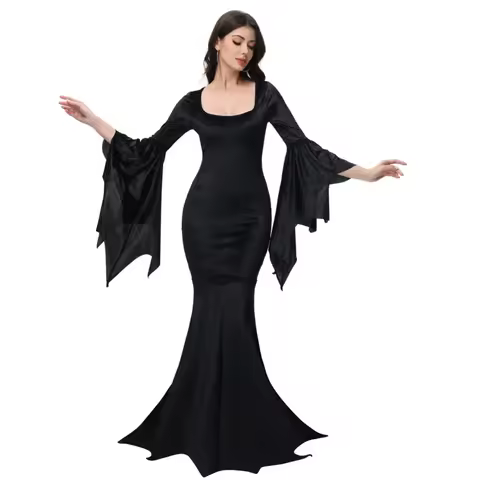 Wednesday Morticia Adams The Adams Family Halloween Cosplay Costume for Gothic Retro Black Flared Sl