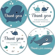 80 Pieces Cute Blue Whale Ocean Thank You Stickers, Baby Shower Birthday Party Decorate Ocean Theme Round Party Gift Wrap Bag Label Decorations, 4 Design Stickers