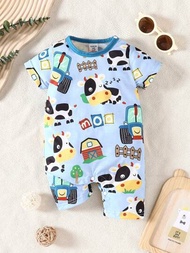 SHEIN 嬰兒男寶藍色牛圍欄和房子和農民印花短袖連體衣,採用圓領設計適合睡衣