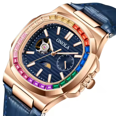 ONOLA Men Watch Fashion Color Diamond Men Fully Automatic Mechanical Watch Waterproof Leather Watch
