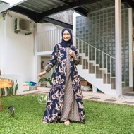 baju gamis batik wanita kombinasi polos terbaru kekinian jumbo modern - lung biru xxl