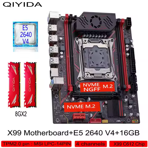Qiyida X99 motherboard set H9S TPM2.0-MSi14PIN LGA2011 3 XEON E5 2640V4 2x8gb=16GB 3200MHz 4 channel