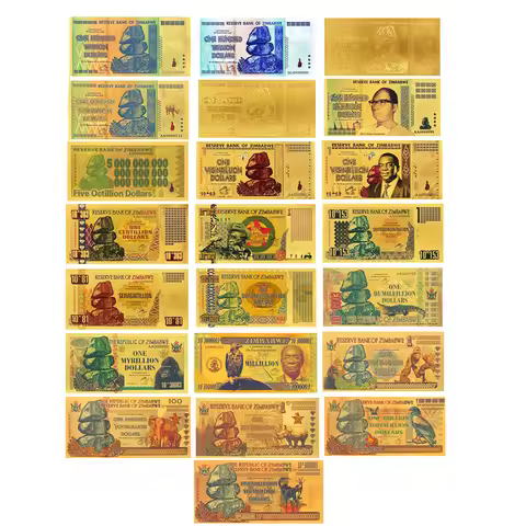 22pcs/set Zimbabwe Banknotes One Hundred Trillion Dollars etc Gold Plated Banknote Zimbabwe Gold Ani