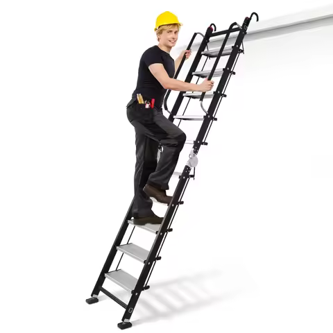 Foldable Aluminum Alloy Loft Stairs Ladder 9.5ft Safety Climb Stairs with Handrails & Hooks for Smal