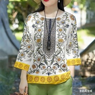 Women's Barong T-shirt - Floral Print 3/4 Sleeve Oversized Casual Top