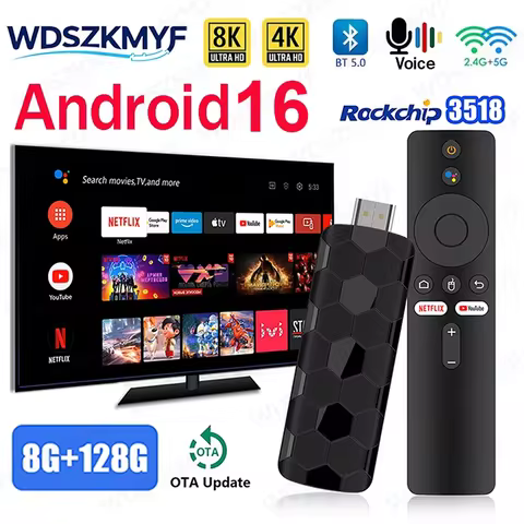 R3+ Android 16 4/8K UHD TV Stick 8GB+128GB Quad Core UI Interface Dual Wifi 2.4G/5.8G Home Theater P