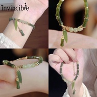 Exquisite Bamboo Joint Beaded Elegant Adjustable Bracelet Pendant Bangle Women Vintage Chinese Style Imitation Jade Jewelry