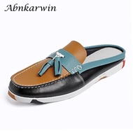 TOP☆PU Leather Half Shoes For Men 2022 Docksides Shoes Boat Slip On Loafers Summer Casual Half Slippers Chaussure Homme