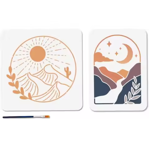 2 Styles Boho Moon Sun Stencils Valley Moon Night Sunrise Template 11.7x8.3/11.8x11.8inch Reusable M