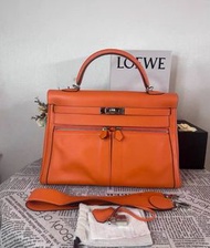 愛馬仕 Hermes Kelly Lakis 35 愛馬仕橙色銀扣 框N刻 肩帶鎖鑰匙塵袋都在