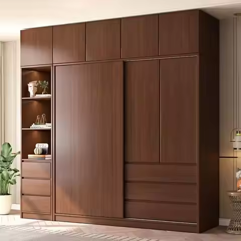 PYJ Solid wood oak wardrobe Home bedroom Modern simple and economical solid wood wardrobe