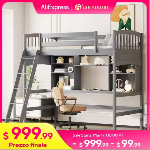 Loft Bed Twin Size, Twin Loft Bed with Desk, Solid Wood Twin Size Loft Bed Frame with Shelves, Gray