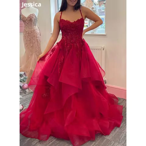 Jessica Red Wedding Dress Glitter Embroidery Prom Dresses Fluffy Tulle Multi-layer Formal Occasions 