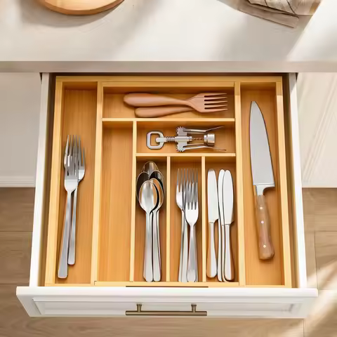 Bamboo Expandable Drawer Organizer for Utensils Holder, Adjustable Silverware Organizer Cutlery Tray
