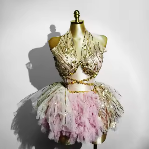 Pink Crystal Dance Dress DSGOGO Stage Singer Cabaret Wear - Drag Queen Birthday Nightclub Rhinestone