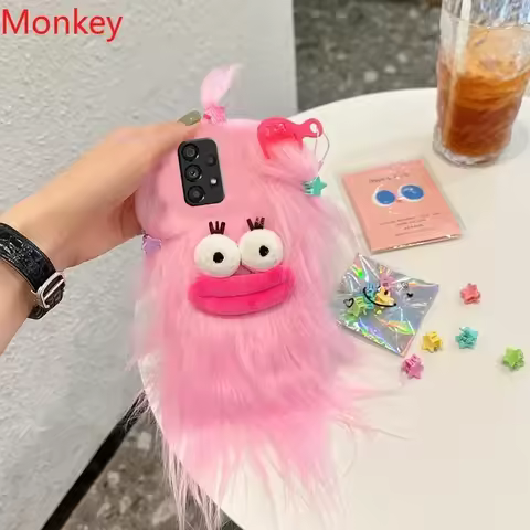 3D Korean Funny Fluffy Plush Monster Case For OPPO Reno 12F 13F 11F 12 11 Realme 14 13 Pro Plus C75 