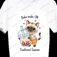 Screen-Printed T-Shirt Cat Pattern Shirt BOMOD73 Thai Siamese Love Boba Mode ON Pearl Milk Tea Carto