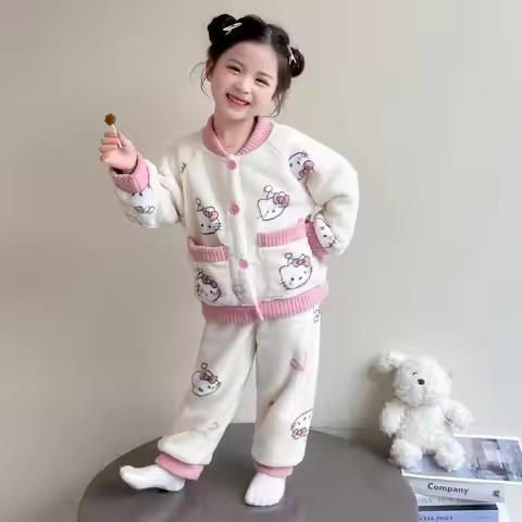 Sanrio Hello Kitty Girls Fashionable Pajama Set Autumn and Winter Children's Flannel Cardigan Cartoo