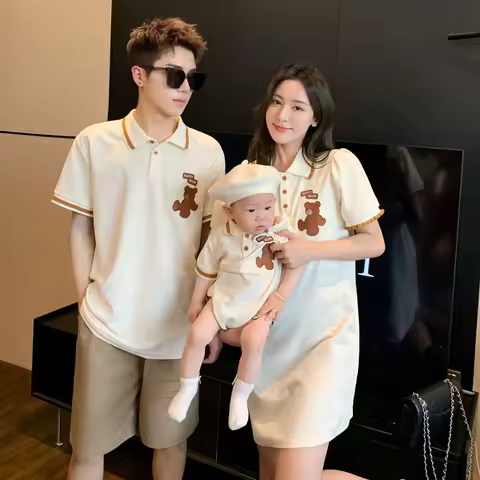 Family Bear Clothes Mom and Daughters Summer Dress Dad Son Matching Polo Shirts Baby Cute Bodysuit 2