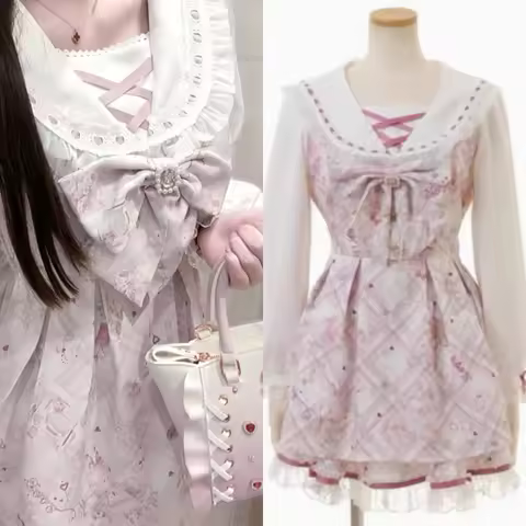 Y2K Bowknot Dresses Lizlisa Landmine Dresses Bears Perfume Lolita Kawaii Navy Collar High Waist Ponc