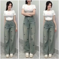 Women's straight-leg jeans with embroidered bows in color l HOT, non-stretch demim, comfortable to w