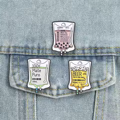 IV Drip Drink Enamel Pins Mate Puro Beer Boba Milk Tea Intravenous Fluid Brooches Lapel Badges Medic